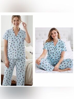Kate Spade Large Scottie Dog Pajama Set Blue Short Sleeve Lounge Sleepwear NWT
